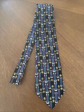 Martin Wong Black Silk Tie Geometric Print Purple Black Teal Gold